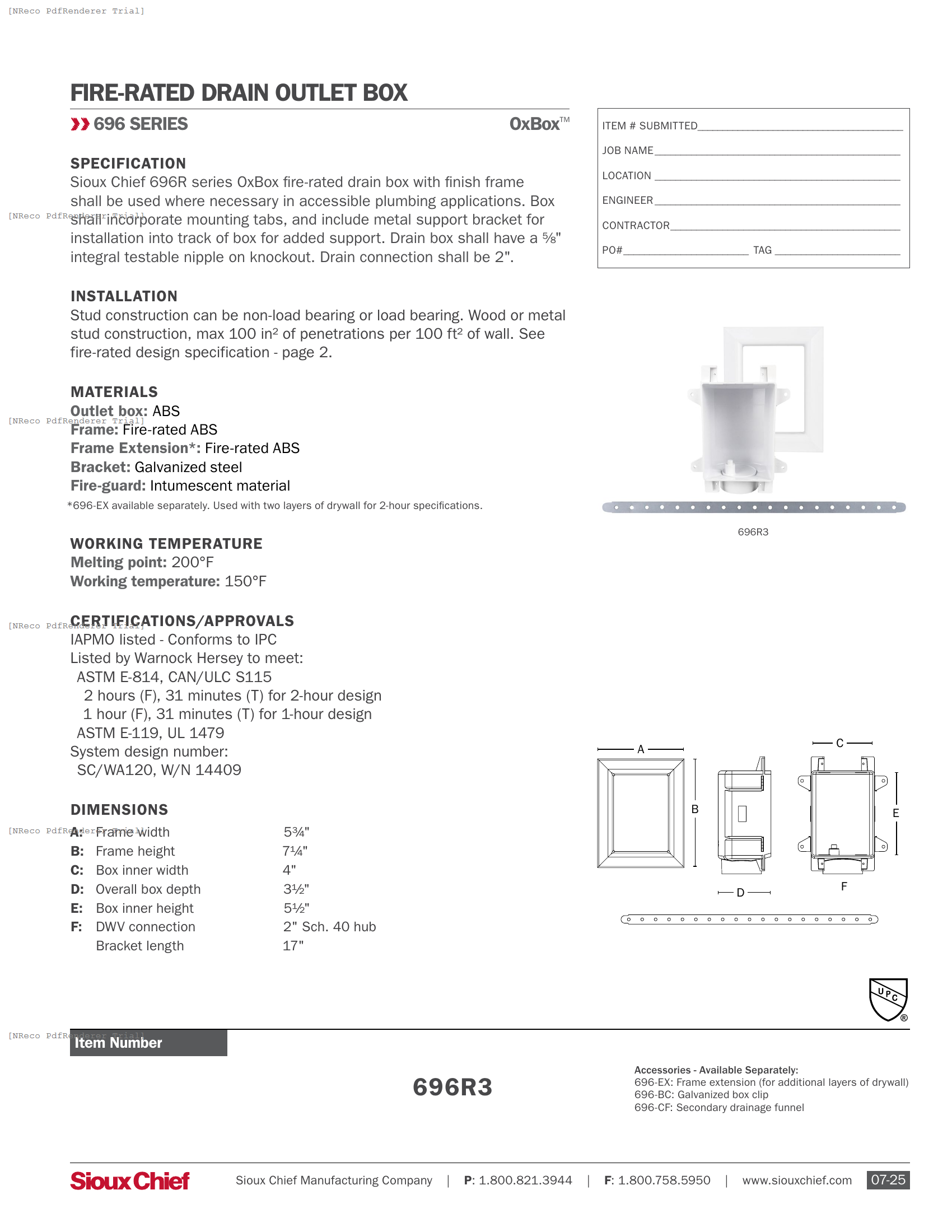 696R3 - FIRE-RATED OXBOX DRAIN BOX - SPEC SHEET.PDF Specification Document